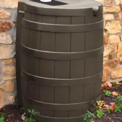 Good Ideas Rain Wizard 40 Gallon Plastic Rain Water Collection Barrel Drum with Brass Spigot, Oak (4 Pack)