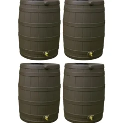Good Ideas Rain Wizard 40 Gallon Plastic Rain Water Collection Barrel Drum with Brass Spigot, Oak (4 Pack)