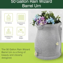 Good Ideas Rain Wizard 50 Gallon Rain Saver Barrel Water Storage Urn with Planter Space and 2 Brass Spigots Oak