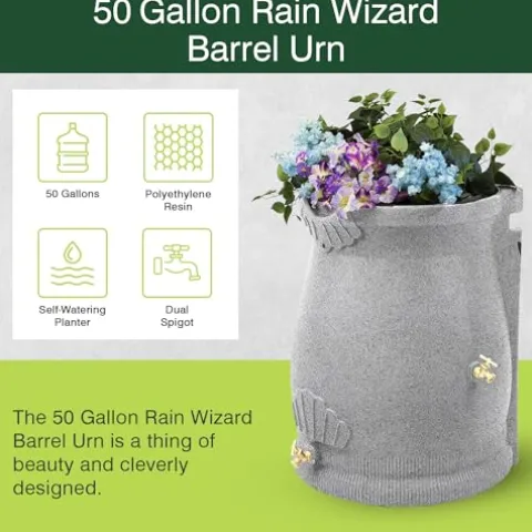 Good Ideas Rain Wizard 50 Gallon Rain Saver Barrel Water Storage Urn with Planter Space and 2 Brass Spigots Oak