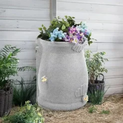 Good Ideas Rain Wizard 50 Gallon Rain Saver Barrel Water Storage Urn with Planter Space and 2 Brass Spigots Oak