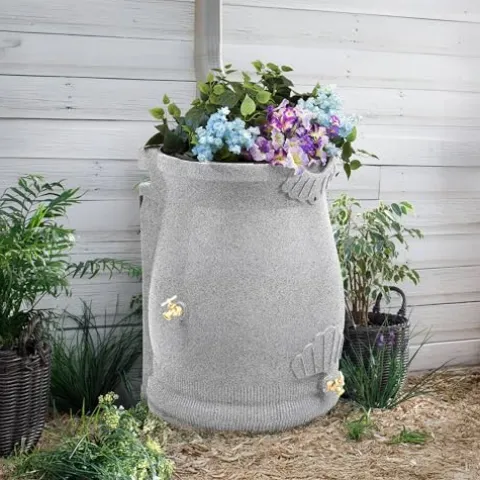 Good Ideas Rain Wizard 50 Gallon Rain Saver Barrel Water Storage Urn with Planter Space and 2 Brass Spigots Oak