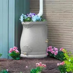 Good Ideas Rain Wizard 50 Gallon Rain Saver Barrel Water Storage Urn with Planter Space and 2 Brass Spigots Oak
