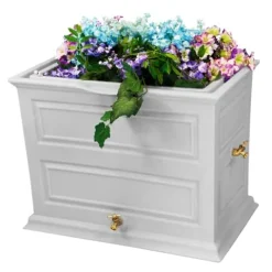 Good Ideas Savannah Colonial Style 42 Gallon Rain Saver Barrel with Planter and Brass Spigots Light Gray 4 Pack