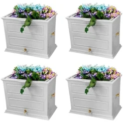 Good Ideas Savannah Colonial Style 42 Gallon Rain Saver Barrel with Planter and Brass Spigots Light Gray 4 Pack