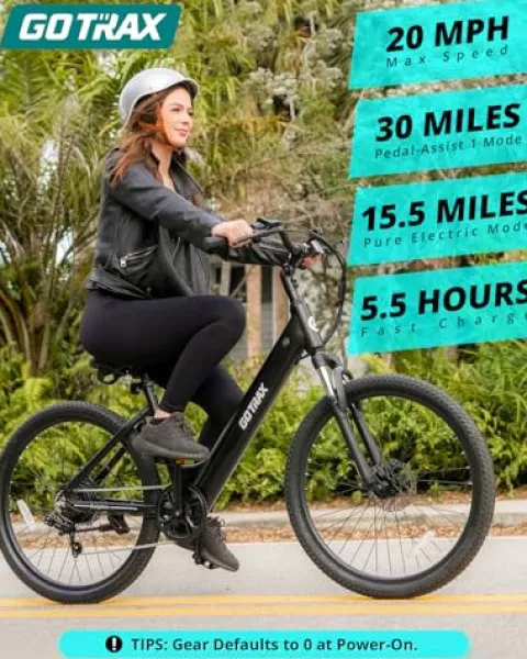 Gotrax Electric Bike 26″ Max Range 30Miles(Pedal-assist1) & 15.5/20Mph Power by 250/350W, 3 Riding Modes & Adjustable Seat, 7-Speed & Front Shock Absorber, Commuter Electric Bicycle for Adults, Black