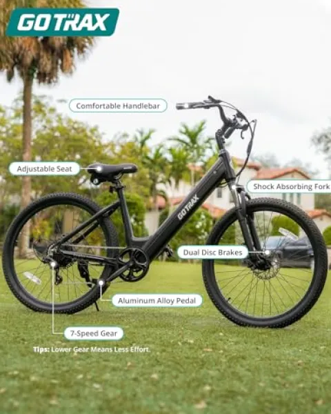 Gotrax Electric Bike 26″ Max Range 30Miles(Pedal-assist1) & 15.5/20Mph Power by 250/350W, 3 Riding Modes & Adjustable Seat, 7-Speed & Front Shock Absorber, Commuter Electric Bicycle for Adults, Black
