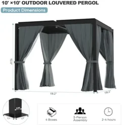 GS CHIER Outdoor Louvered Pergola 10′ x 10′ Adjustable Roof Black with Curtain