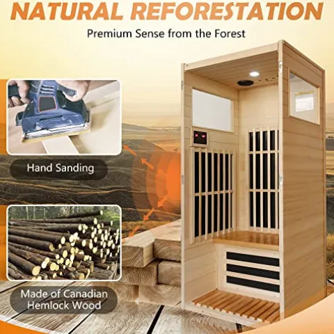 Gxcevsou Far Infrared Sauna 1 Person Hemlock Wood Low EMF Natural