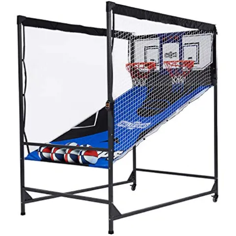 Hall of Games Indoor Arcade Basketball Games Multiple Styles 2-Player Arcade Scoring Display with Rubber Basketball Set 88″ Tall Steel Cage Extra Wide Game (W/Poly Backboard)