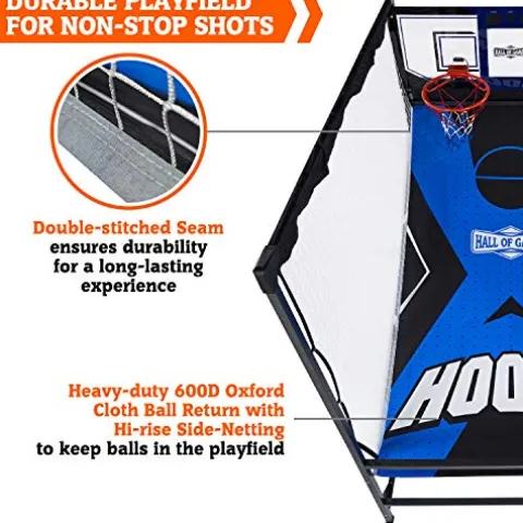 Hall of Games Indoor Arcade Basketball Games Multiple Styles 2-Player Arcade Scoring Display with Rubber Basketball Set 88″ Tall Steel Cage Extra Wide Game (W/Poly Backboard)