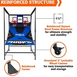 Hall of Games Indoor Arcade Basketball Games Multiple Styles 2-Player Arcade Scoring Display with Rubber Basketball Set 88″ Tall Steel Cage Extra Wide Game (W/Poly Backboard)