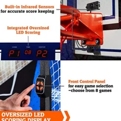 Hall of Games Indoor Arcade Basketball Games Multiple Styles 2-Player Arcade Scoring Display with Rubber Basketball Set 88″ Tall Steel Cage Extra Wide Game (W/Poly Backboard)