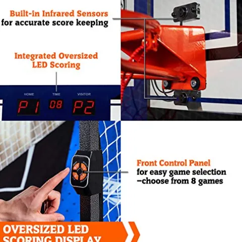 Hall of Games Indoor Arcade Basketball Games Multiple Styles 2-Player Arcade Scoring Display with Rubber Basketball Set 88″ Tall Steel Cage Extra Wide Game (W/Poly Backboard)