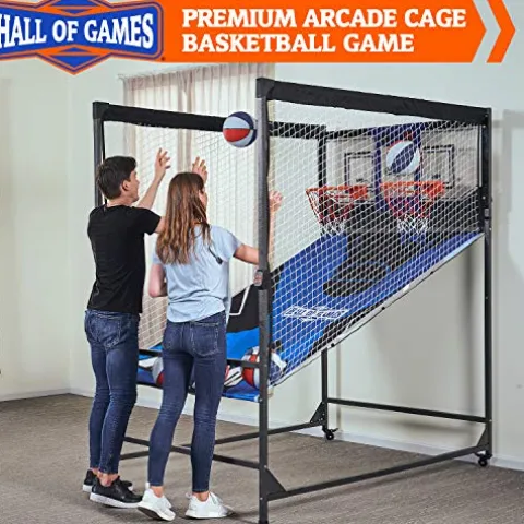 Hall of Games Indoor Arcade Basketball Games Multiple Styles 2-Player Arcade Scoring Display with Rubber Basketball Set 88″ Tall Steel Cage Extra Wide Game (W/Poly Backboard)