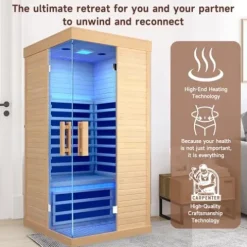 HAOYAYA Indoor Far Infrared Sauna Canadian Hemlock Single Person Spa with Oxygen Bar, 7 Color Therapy, 1420W Low-EMF
