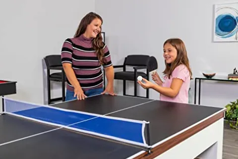 Hathaway Newport 7-ft Pool Table Tennis Combination with Dining Top, Two STO Newport II 7-ft Pool Table Combo Set with Benches – White with Camel Felt – Walnut