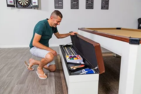 Hathaway Newport 7-ft Pool Table Tennis Combination with Dining Top, Two STO Newport II 7-ft Pool Table Combo Set with Benches – White with Camel Felt – Walnut