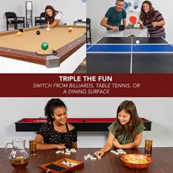 Hathaway Newport 7-ft Pool Table Tennis Combination with Dining Top, Two STO Newport II 7-ft Pool Table Combo Set with Benches – White with Camel Felt – Walnut