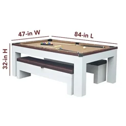 Hathaway Newport 7-ft Pool Table Tennis Combination with Dining Top, Two STO Newport II 7-ft Pool Table Combo Set with Benches – White with Camel Felt – Walnut