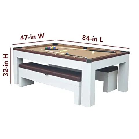 Hathaway Newport 7-ft Pool Table Tennis Combination with Dining Top, Two STO Newport II 7-ft Pool Table Combo Set with Benches – White with Camel Felt – Walnut