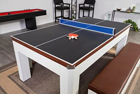 Hathaway Newport 7-ft Pool Table Tennis Combination with Dining Top, Two STO Newport II 7-ft Pool Table Combo Set with Benches – White with Camel Felt – Walnut