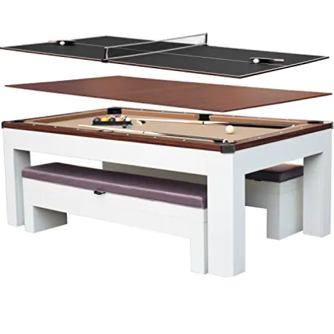 Hathaway Newport 7-ft Pool Table Tennis Combination with Dining Top, Two STO Newport II 7-ft Pool Table Combo Set with Benches – White with Camel Felt – Walnut