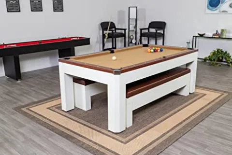 Hathaway Newport 7-ft Pool Table Tennis Combination with Dining Top, Two STO Newport II 7-ft Pool Table Combo Set with Benches – White with Camel Felt – Walnut