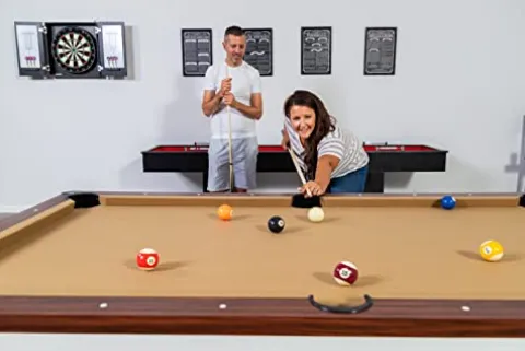 Hathaway Newport 7-ft Pool Table Tennis Combination with Dining Top, Two STO Newport II 7-ft Pool Table Combo Set with Benches – White with Camel Felt – Walnut