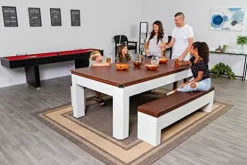 Hathaway Newport 7-ft Pool Table Tennis Combination with Dining Top, Two STO Newport II 7-ft Pool Table Combo Set with Benches – White with Camel Felt – Walnut