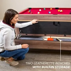 Hathaway Newport 7-ft Pool Table Tennis Combination with Dining Top, Two Storage Benches – Woodtone