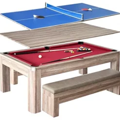 Hathaway Newport 7-ft Pool Table Tennis Combination with Dining Top, Two Storage Benches – Woodtone