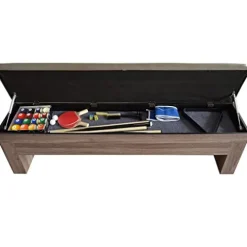 Hathaway Newport 7-ft Pool Table Tennis Combination with Dining Top, Two Storage Benches – Woodtone