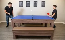 Hathaway Newport 7-ft Pool Table Tennis Combination with Dining Top, Two Storage Benches – Woodtone