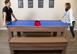 Hathaway Newport 7-ft Pool Table Tennis Combination with Dining Top, Two Storage Benches – Woodtone