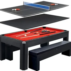 Hathaway Park Avenue 7-ft Pool Table Tennis Combination with Dining Top, Two Storage Benches – Black and Red Felt