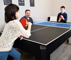 Hathaway Park Avenue 7-ft Pool Table Tennis Combination with Dining Top, Two Storage Benches – Black and Red Felt