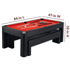 Hathaway Park Avenue 7-ft Pool Table Tennis Combination with Dining Top, Two Storage Benches – Black and Red Felt