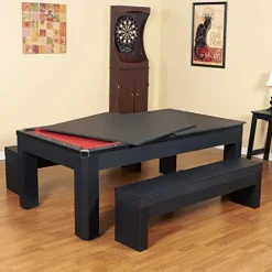 Hathaway Park Avenue 7-ft Pool Table Tennis Combination with Dining Top, Two Storage Benches – Black and Red Felt