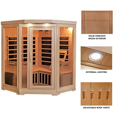Heat Wave 3 Person Sauna Corner Fitting Infrared FIR FAR 7 Carbon Heaters Hemlock Wood MP3 Player 2 Speakers Color Therapy Light LED Control Panel Wood