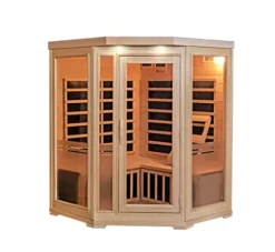 Heat Wave 3 Person Sauna Corner Fitting Infrared FIR FAR 7 Carbon Heaters Hemlock Wood MP3 Player 2 Speakers Color Therapy Light LED Control Panel Wood