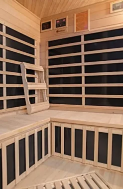 Heat Wave 3 Person Sauna Corner Fitting Infrared FIR FAR 7 Carbon Heaters Hemlock Wood MP3 Player 2 Speakers Color Therapy Light LED Control Panel Wood