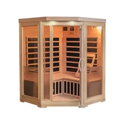 Heat Wave 3 Person Sauna Corner Fitting Infrared FIR FAR 7 Carbon Heaters Hemlock Wood MP3 Player 2 Speakers Color Therapy Light LED Control Panel Wood