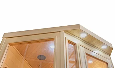 Heat Wave 3 Person Sauna Corner Fitting Infrared FIR FAR 7 Carbon Heaters Hemlock Wood MP3 Player 2 Speakers Color Therapy Light LED Control Panel Wood