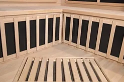 Heat Wave 3 Person Sauna Corner Fitting Infrared FIR FAR 7 Carbon Heaters Hemlock Wood MP3 Player 2 Speakers Color Therapy Light LED Control Panel Wood