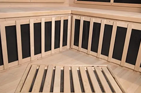 Heat Wave 3 Person Sauna Corner Fitting Infrared FIR FAR 7 Carbon Heaters Hemlock Wood MP3 Player 2 Speakers Color Therapy Light LED Control Panel Wood