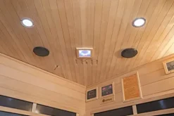 Heat Wave 3 Person Sauna Corner Fitting Infrared FIR FAR 7 Carbon Heaters Hemlock Wood MP3 Player 2 Speakers Color Therapy Light LED Control Panel Wood