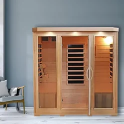 Heat Wave 4 Person Sauna Hemlock Wood Sonoma 9 Carbon Infrared Heaters MP3 Player Chromo Therapy Lighting 120V 2100W Wood