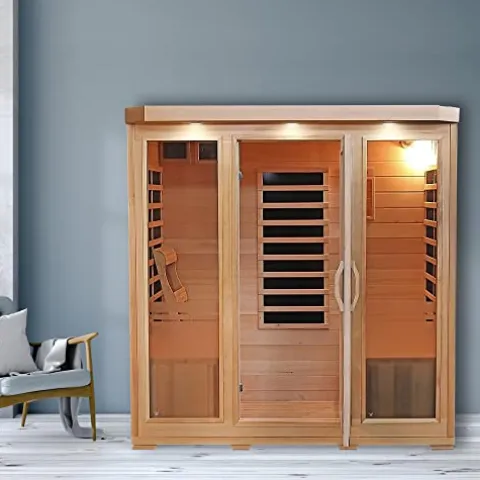 Heat Wave 4 Person Sauna Hemlock Wood Sonoma 9 Carbon Infrared Heaters MP3 Player Chromo Therapy Lighting 120V 2100W Wood