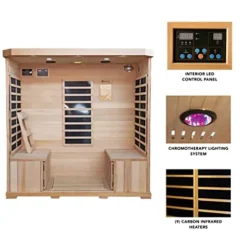 Heat Wave 4 Person Sauna Hemlock Wood Sonoma 9 Carbon Infrared Heaters MP3 Player Chromo Therapy Lighting 120V 2100W Wood